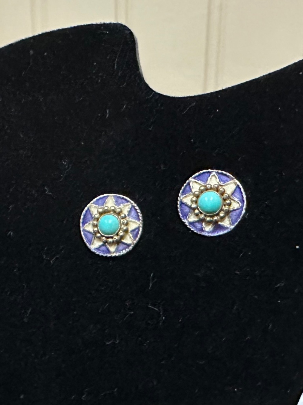 Enameled Stud Earrings | Turquoise Center surrounded by Purple & Gold Detailing